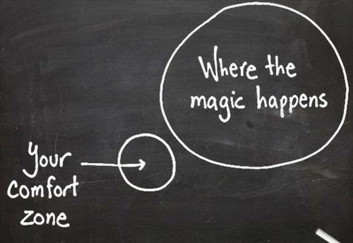 Blackboard image showing a small bubble with the words your comfort zone and a bigger bubble with the words where the magic happens